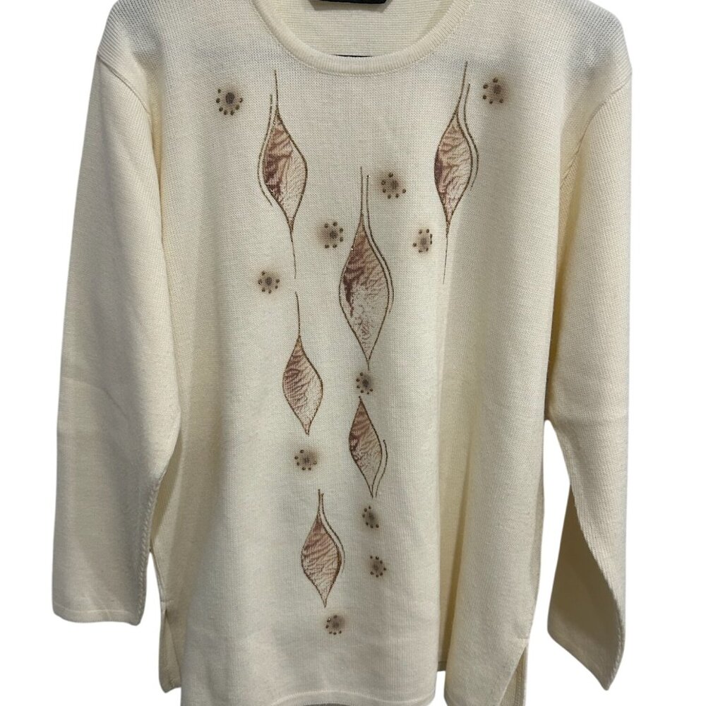 Vintage Creations Tabel Cream Knit Leaf Print 3/4 Sleeves Sweater Cottagecore